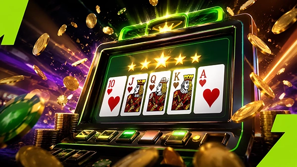 Mano ganadora de póker de video con cartas reales en pantalla