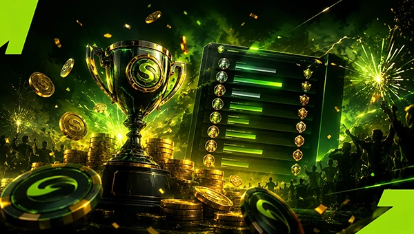 Banner del torneo Spin Rally con trofeos, monedas y marcador de posiciones